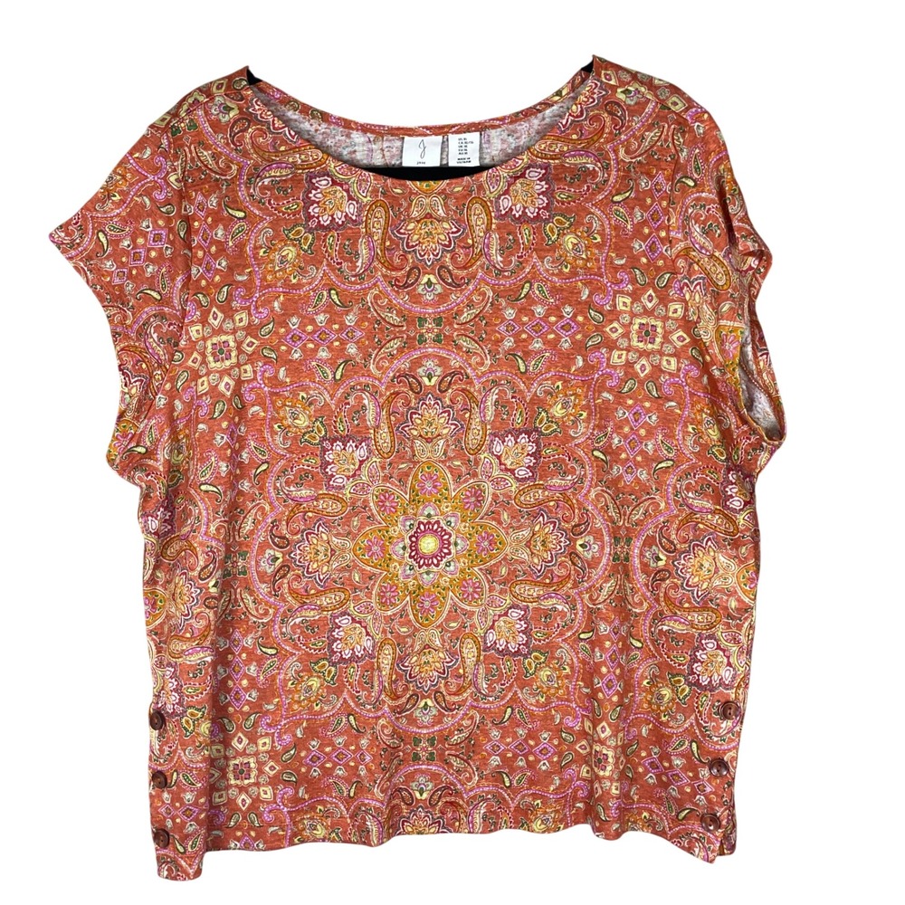 Joie Linen Paisley Top‎ Womens XL Orange Very Good Side Button Boho Cap Sleeve